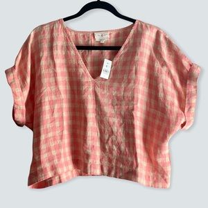 Lou & Grey Gingham Linen V-Neck Top, Cropped, Pink & Yellow